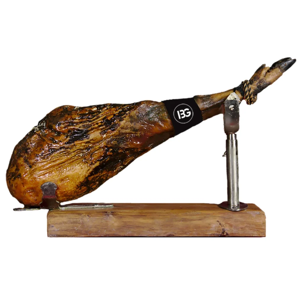 Jambon ibérique de cebo 100 % entier sur jamonero, pièce de 9 à 10 kg